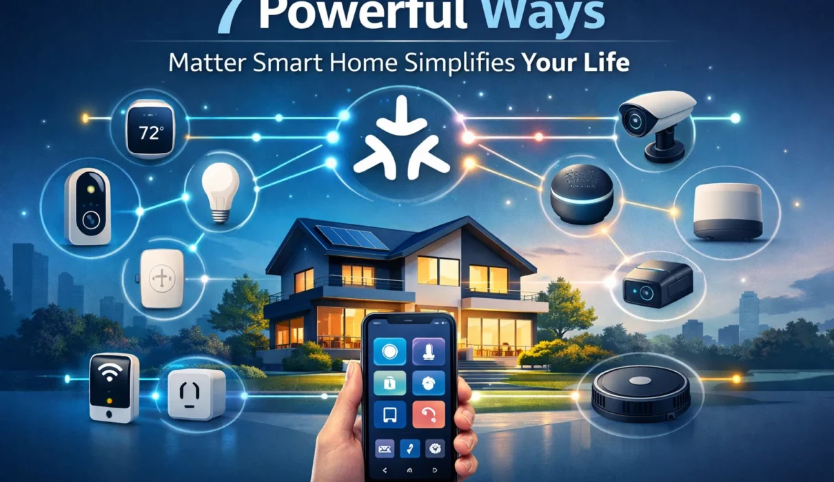 Matter smart home ecosystem connecting smart devices through smartphone app for easy home automation