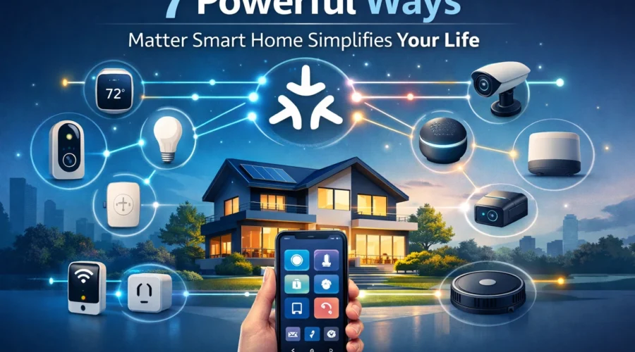 Matter smart home ecosystem connecting smart devices through smartphone app for easy home automation