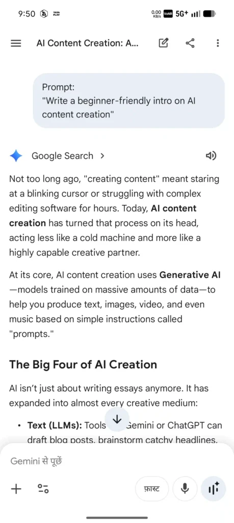 AI content creation workflow showing prompt writing, editing, SEO optimization, and publishing process