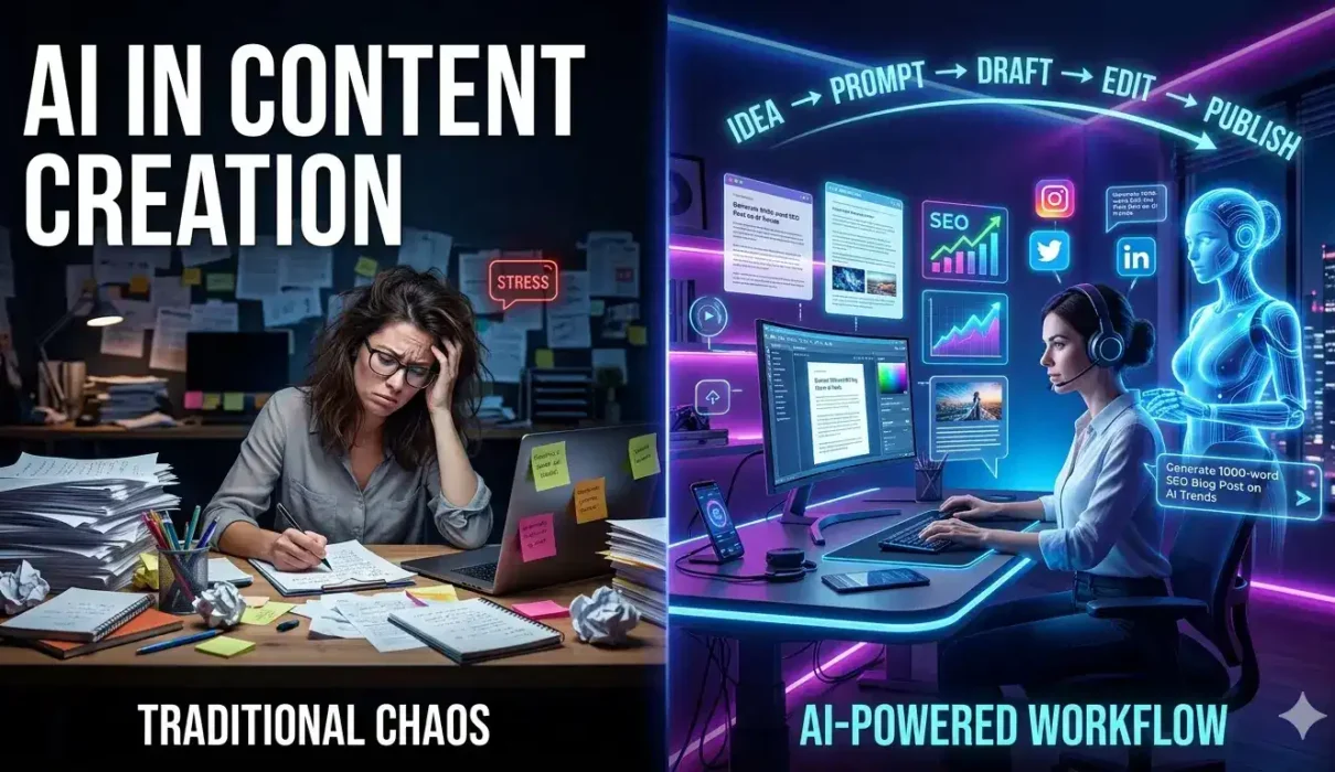 AI content creation workflow showing idea generation, prompt writing, editing, SEO optimization, and publishing process