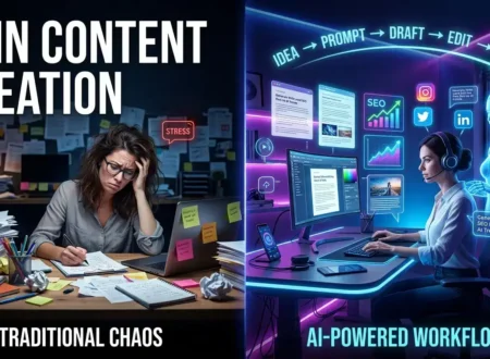 AI content creation workflow showing idea generation, prompt writing, editing, SEO optimization, and publishing process