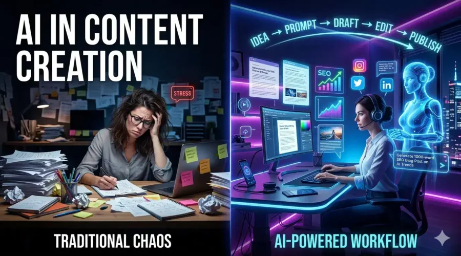 AI content creation workflow showing idea generation, prompt writing, editing, SEO optimization, and publishing process