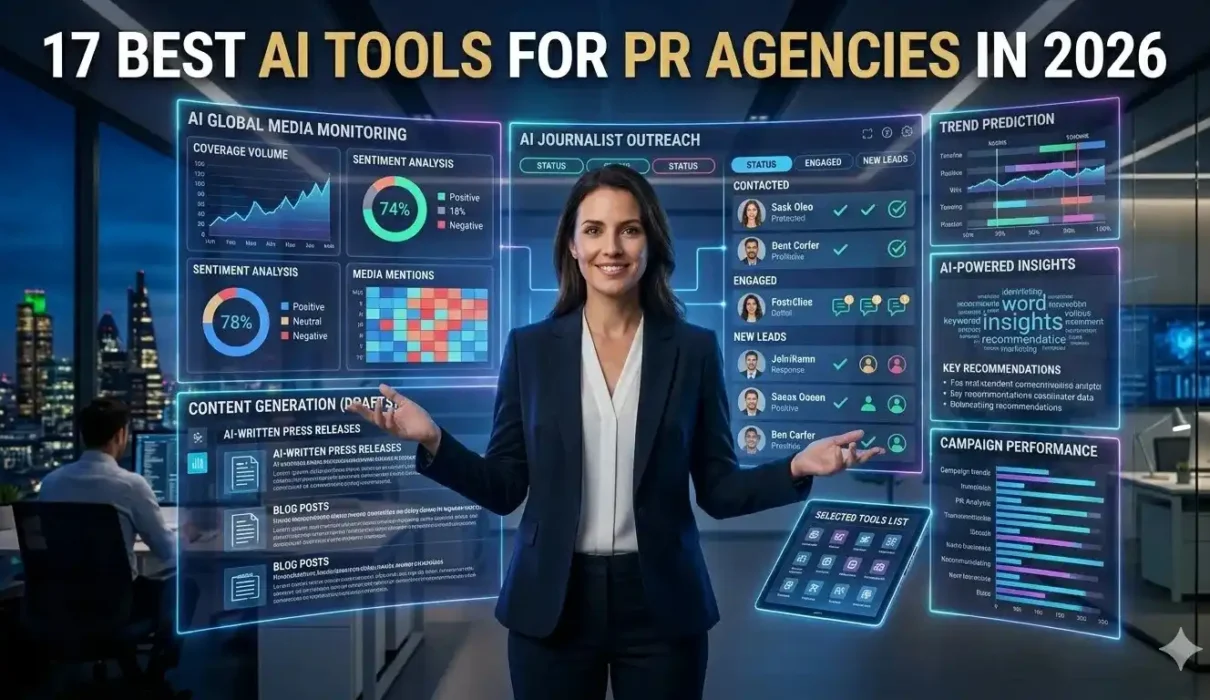 PR professional using AI tools for media outreach, content creation, media monitoring, and PR analytics in a modern digital workspace