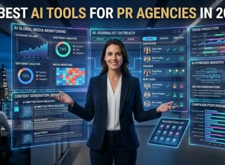 PR professional using AI tools for media outreach, content creation, media monitoring, and PR analytics in a modern digital workspace