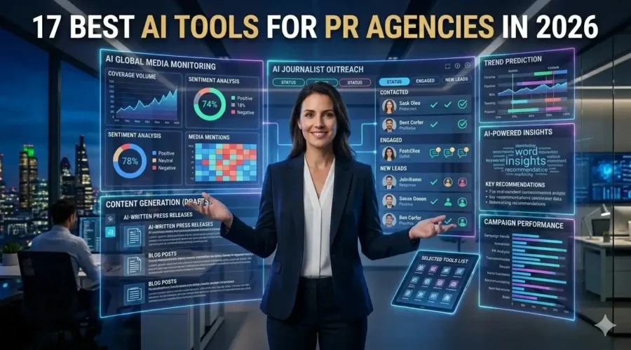 PR professional using AI tools for media outreach, content creation, media monitoring, and PR analytics in a modern digital workspace